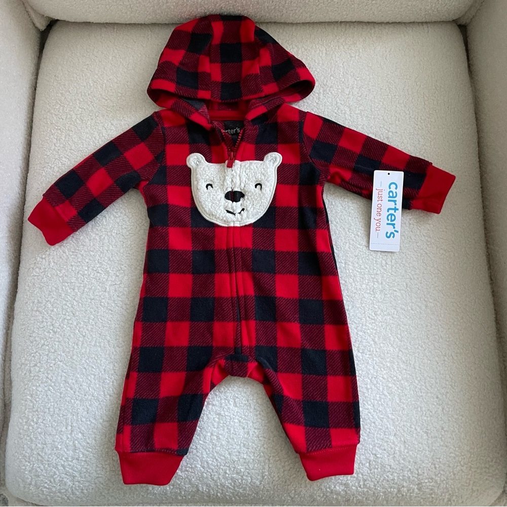 New Carter's Newborn Red and Black Checkered Bear Onesie